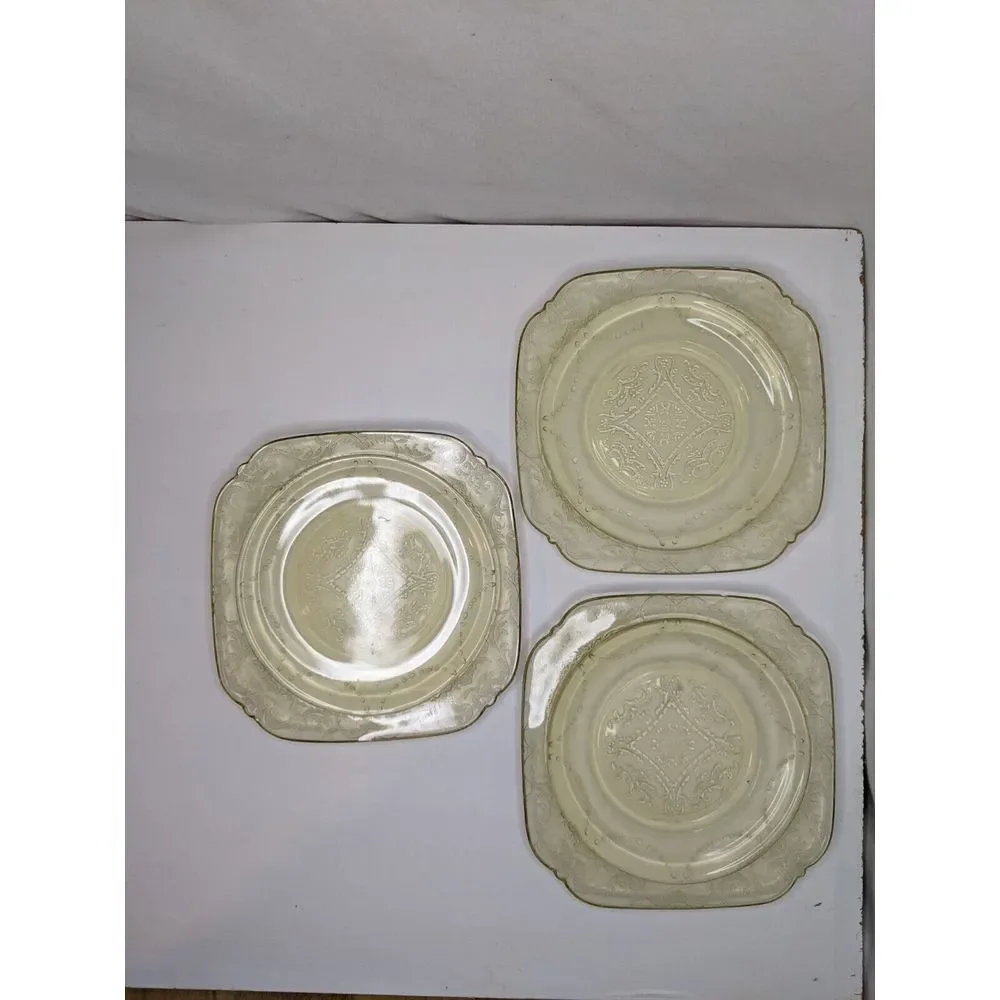 Set Of 3 Vintage Federal Glass Madrid Amber Square Plate‎ Yellow